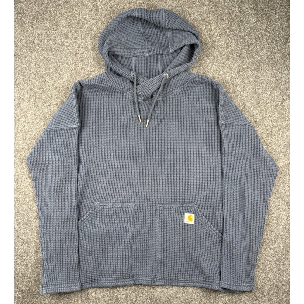 Carhartt Relaxed Fit Waffle Knit Hoodie Navy Blue Thermal Pullover L 12-14